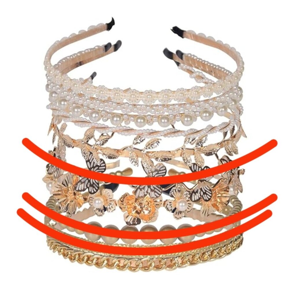 7 assorted fashion headbands, faux pearl, gold